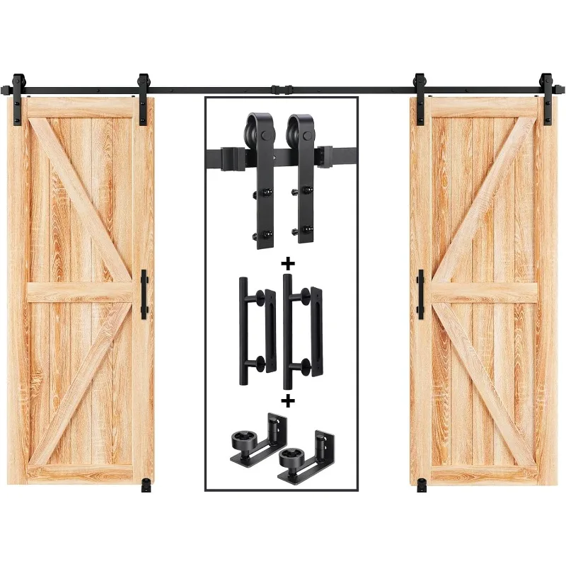 

10 FT Double Sliding Barn Door Track and Handle Hardware Kit,Basic J Pulley,Slide Smoothly Quietly,Easy Install (10FT T