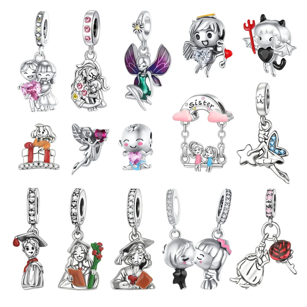 Character Series 925 Sterling Silver Couples Dating Mother Daughter Students Fairy Charms Fit DIY Bracelet Necklace Cute Gifts