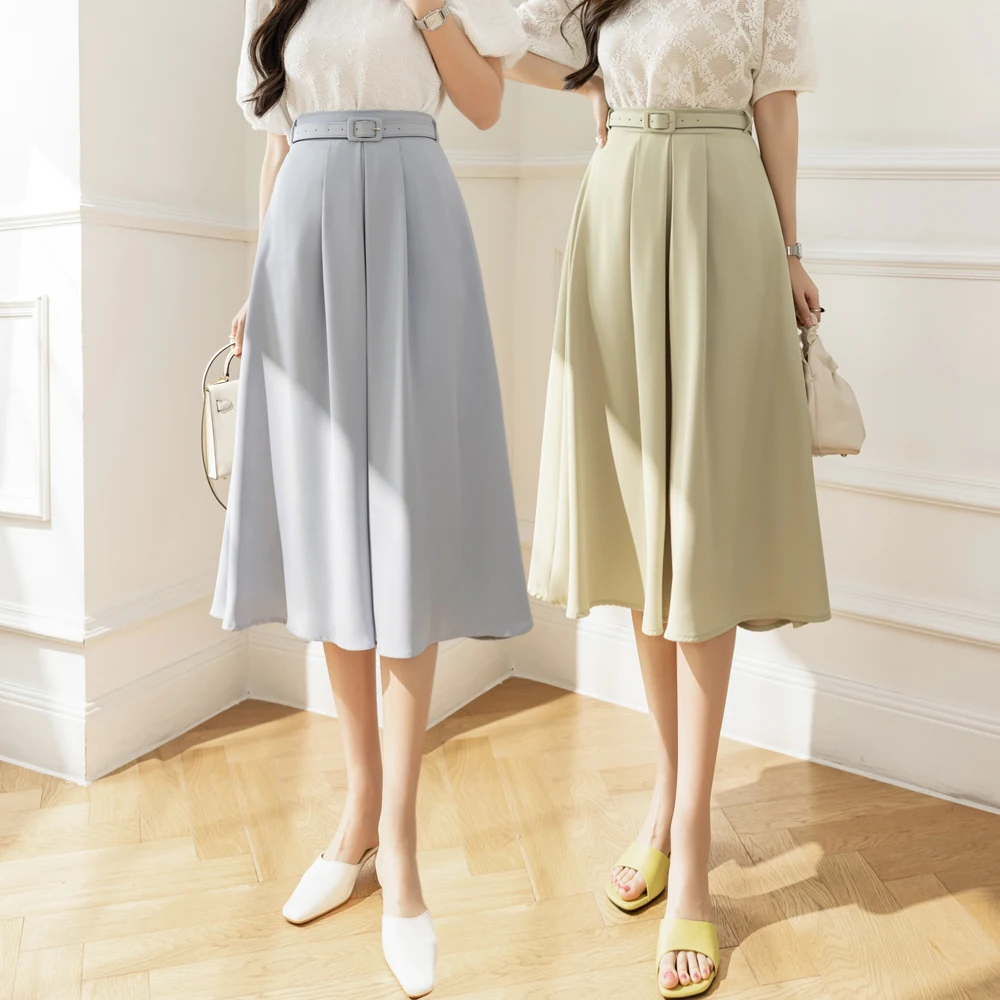 Seoulish 2022 New Elegant High Waist Women Midi Skirts with Belted Female Minimalism A-Line Office Umbrella Skirts Spring Summer