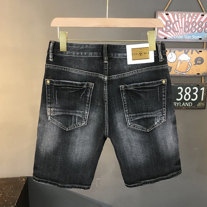 

Men's Light Luxury Black-Grey Distressed Denim Shorts Summer Vintage Patchwork Cargo Shorts with Edgy Rip Retro Washed Slim Fit