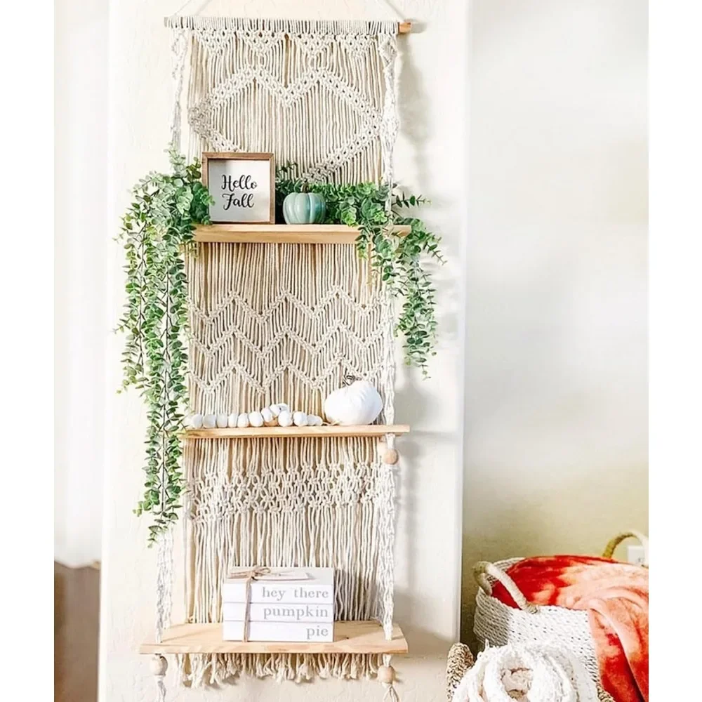 Macrame Wall Hanging Shelf - 3 Tier Wall Plant Hanger Shelves with Handmade Woven Rope - Boho Shelves Organizer for Kit