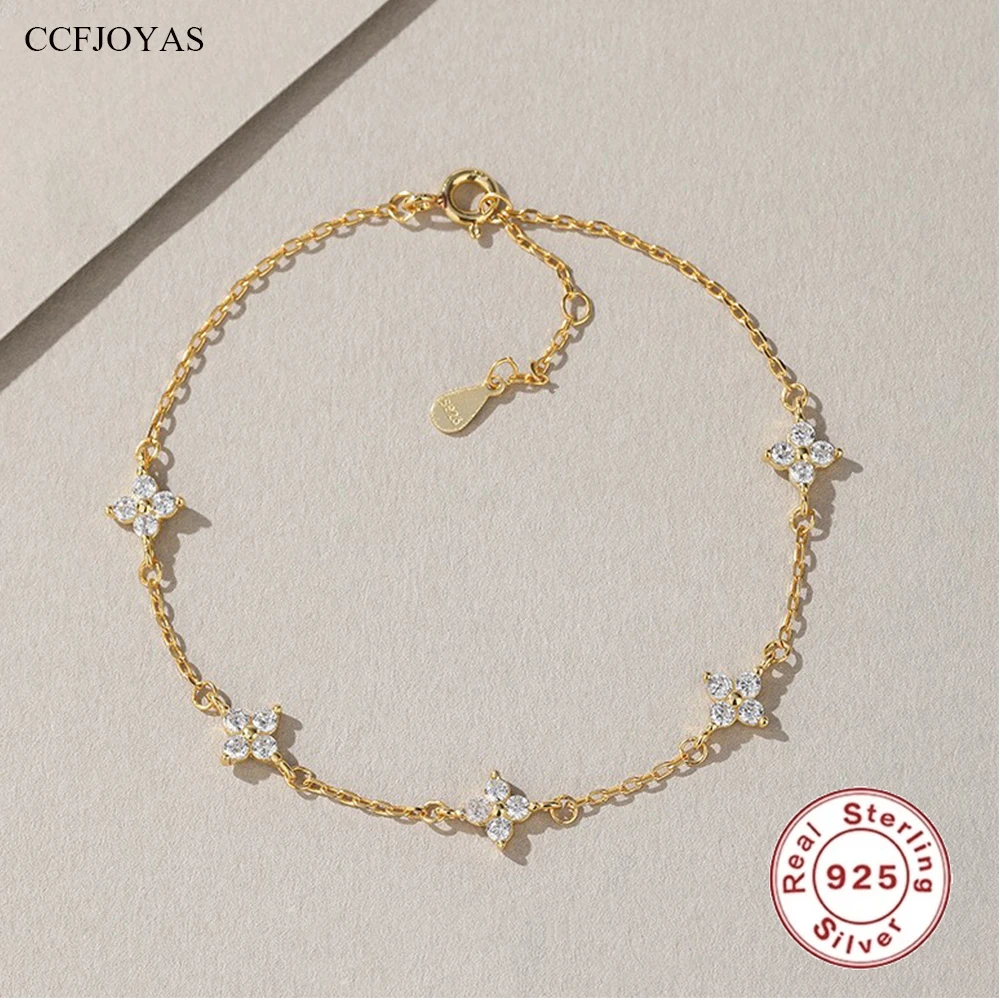 CCFJOYAS 100% 925 Sterling Silver Mini Flower Zircon Bracelet for Girl Minimalist 18k Gold Plated Lucky Bracelet Fine Jewelry