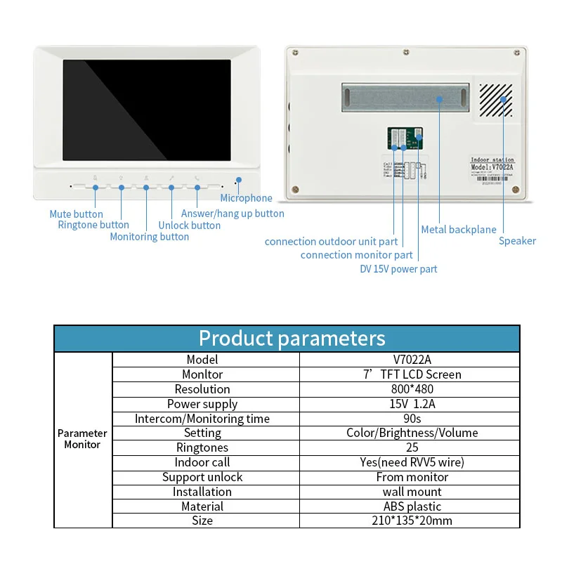 Wired Visual Intercom System Campainha de vídeo, Home Security Protection System, Classical Video Doorphone Kit, LCD 7\