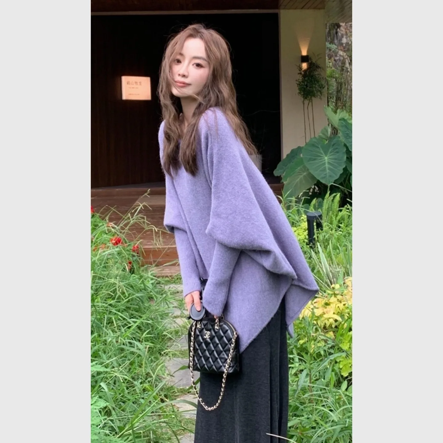 

Осень-зима 2022, новый женский фиолетовый свитер, накидка, свитер в ленивом стиле, свободный мягкий вязаный топ с рукавами «летучая мышь»