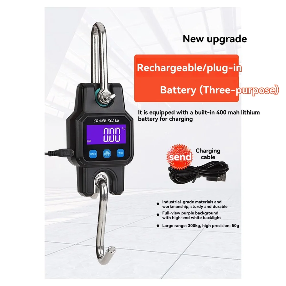 A79G C06 Elektronische Kranwaage, tragbare Hakenwaage, 300 kg/50 g, tragbare wiederaufladbare Hängewaage, Orange mit Bluetooth