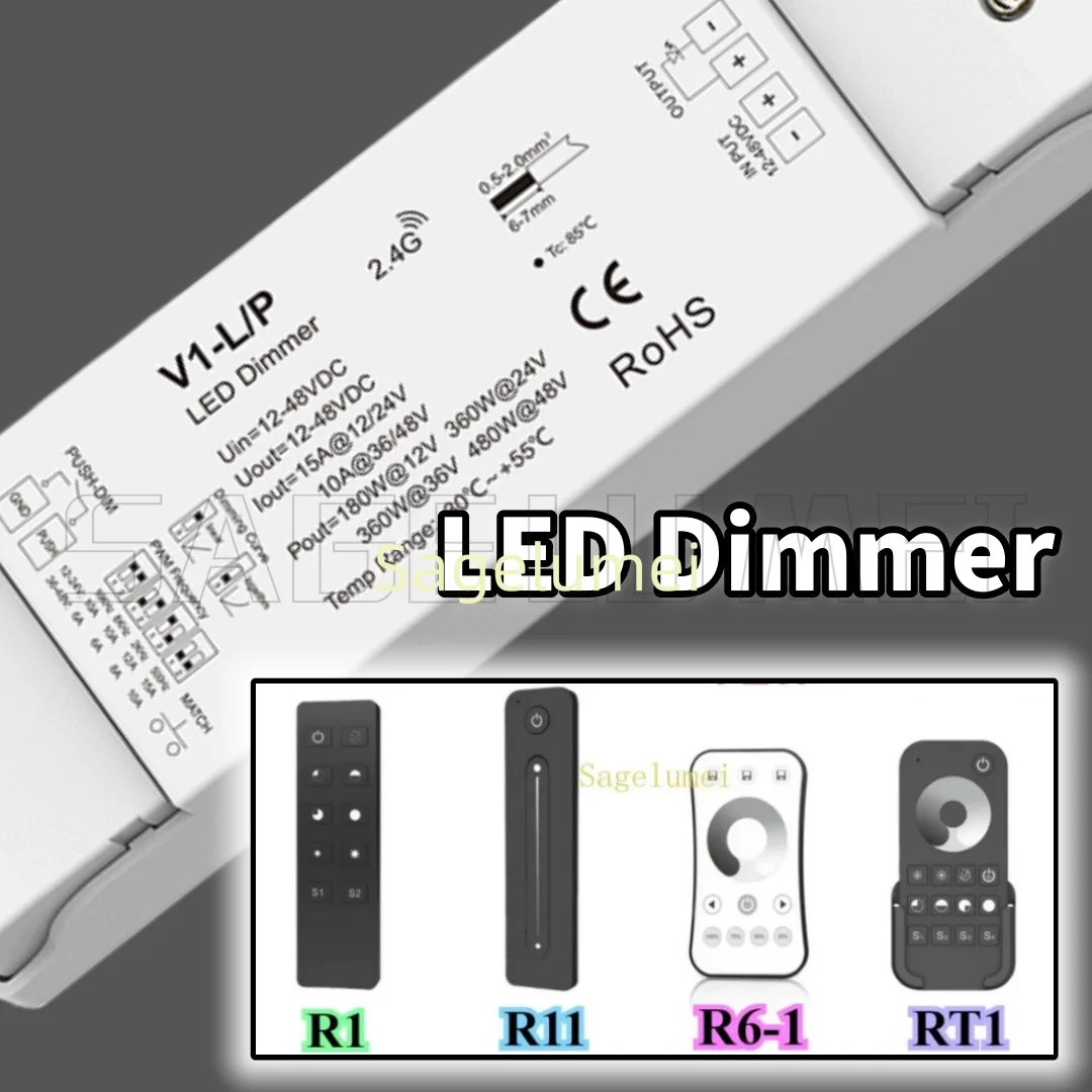 

V1-L/P CV Controller Skydance 1CH*15A DC12-48V Self-Reset Switch 2.4G RF Push-Dim PWM Dimmer for Single Color LED Strip Light