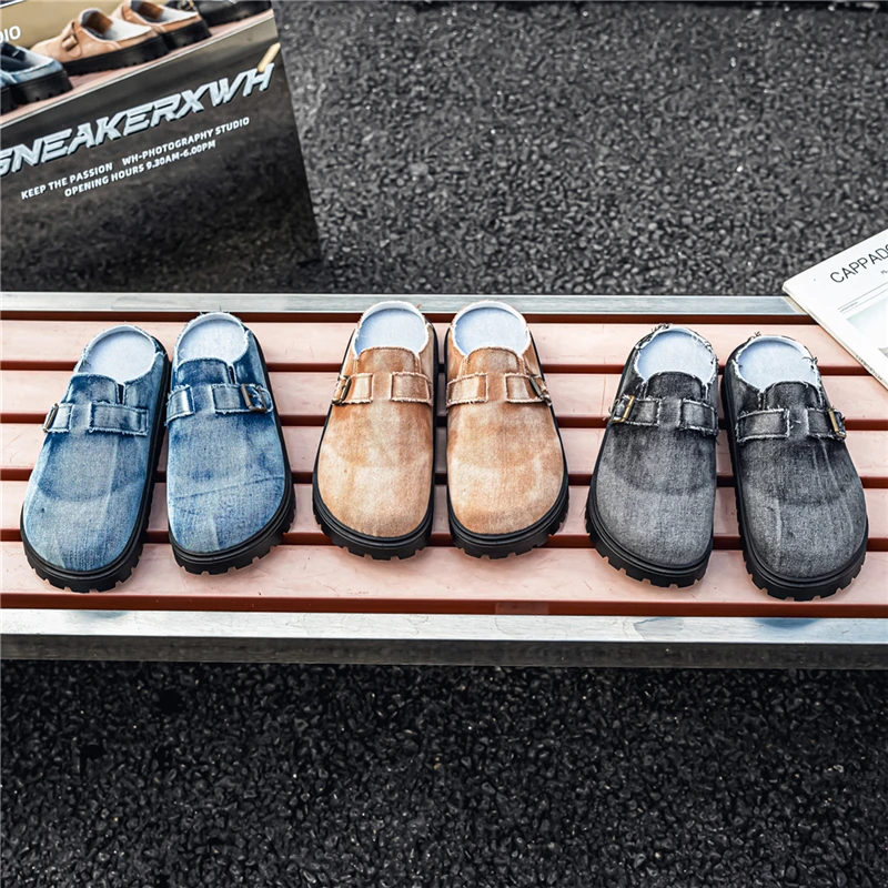 

Spring and summer men's shoes, half slippers, washed, worn, polished denim, one foot lazy commuting shoes, casual trendy shoes