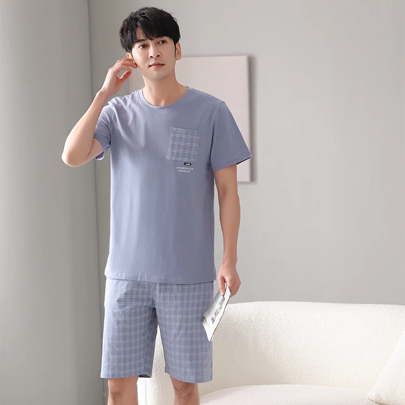 Summer Cotton Men Pajamas Set Short Sleeve Round Neck Male Sleepwear Casual Soft Loose Mens Pyjamas 4XL-7XL
