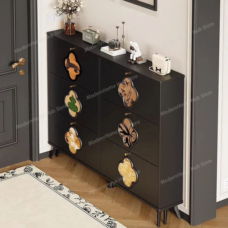 Antique ultra-thin shoe cabinet home entrance 2025 new retro black porch cabinet home dumper storage shoe rack