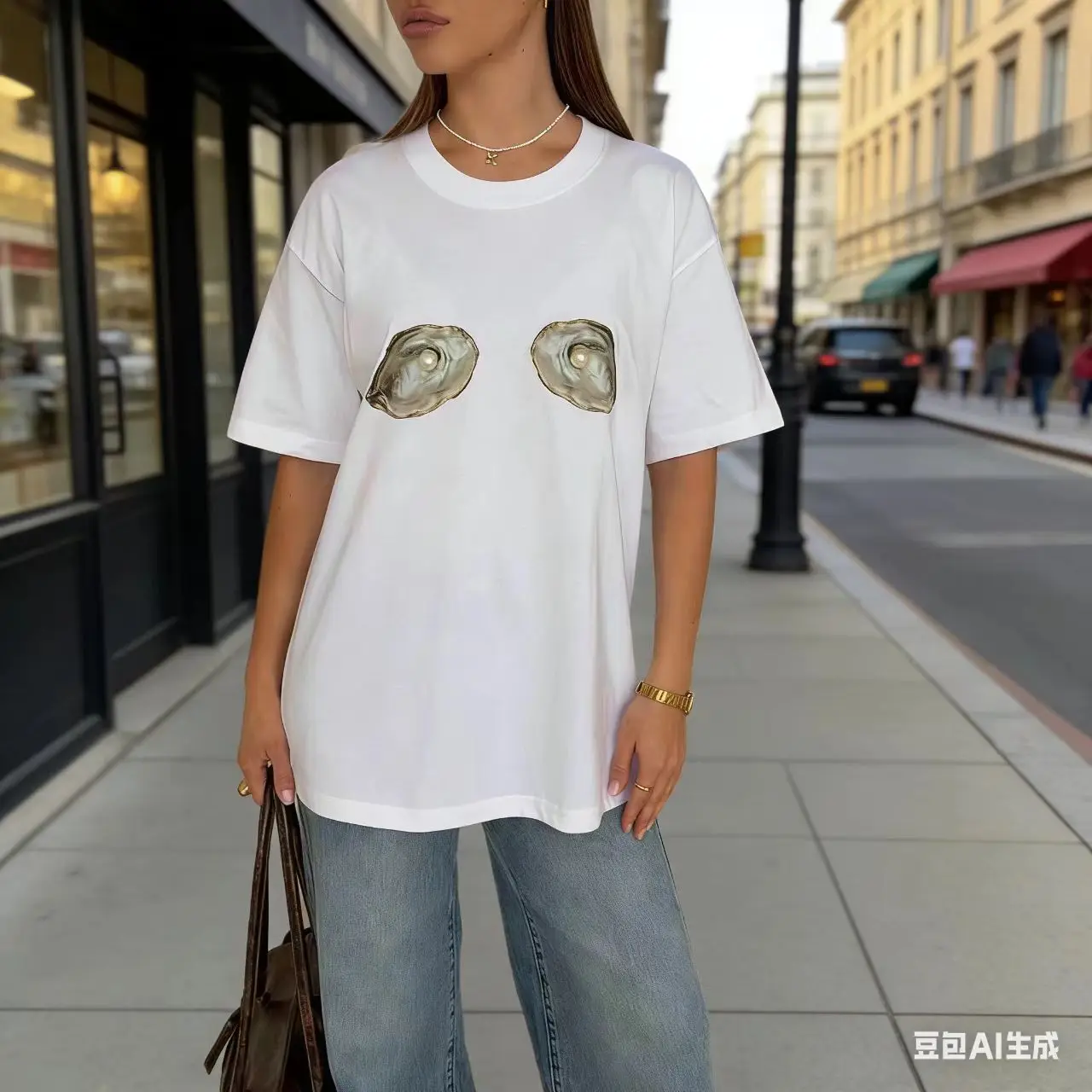 Oyster Pearl Pattern Graphic T Shirts for Women 100% Cotton Shell Seafood Print Loose Casual Tees Shirt White Black Summer 2026
