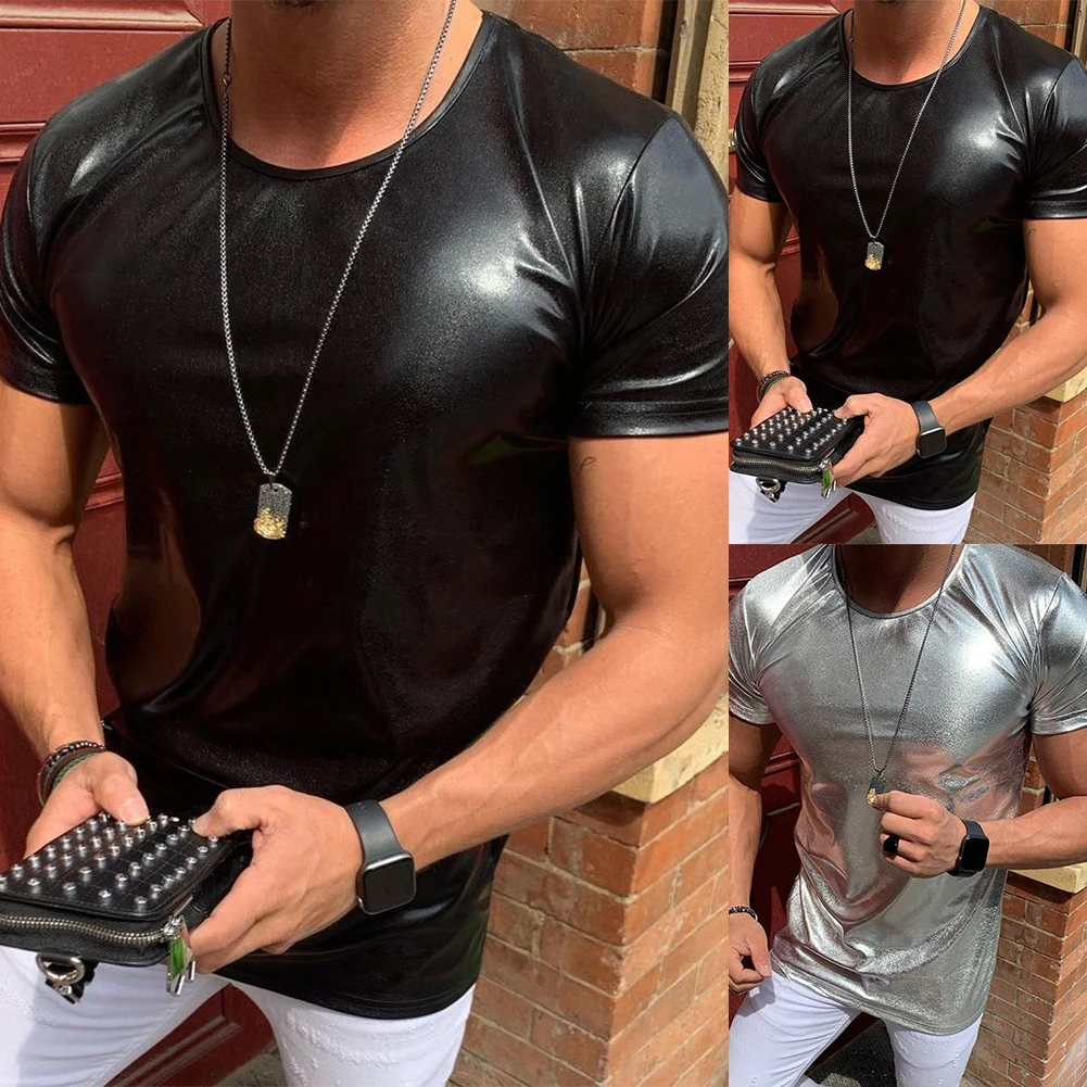 Fashion Men\'s Shinny Wet Look Faux Leather T-Shirts Short Sleeve Tee Solid Black Silver Muscle Party Clubwear Tops T Shirt