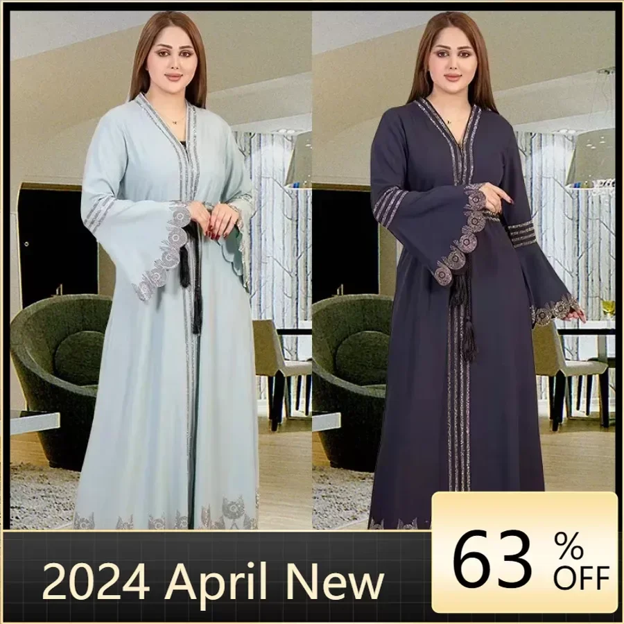 

2024 African Dresses for Women Summer Elegant African Long Sleeve V-neck Plus Size Long Maxi Dress Muslim Fashion Abaya Dress