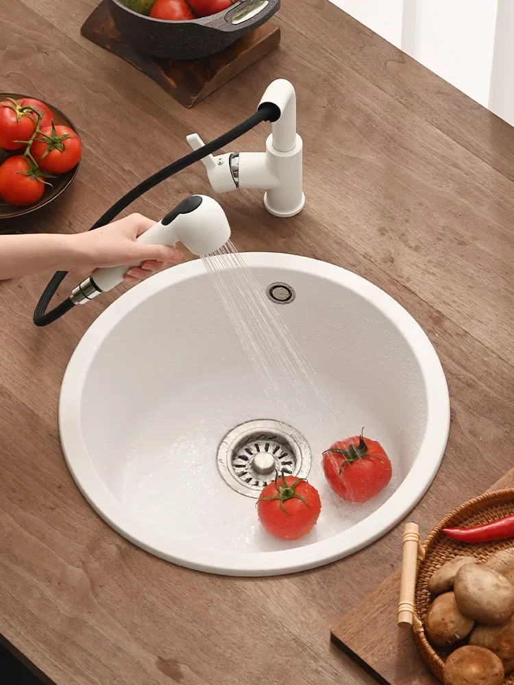

D3 Quartz Stone Sink Single Slot Circular Undertable Vegetable Wash Basin Kitchen Western Kitchen Small Size Sink Bar Island