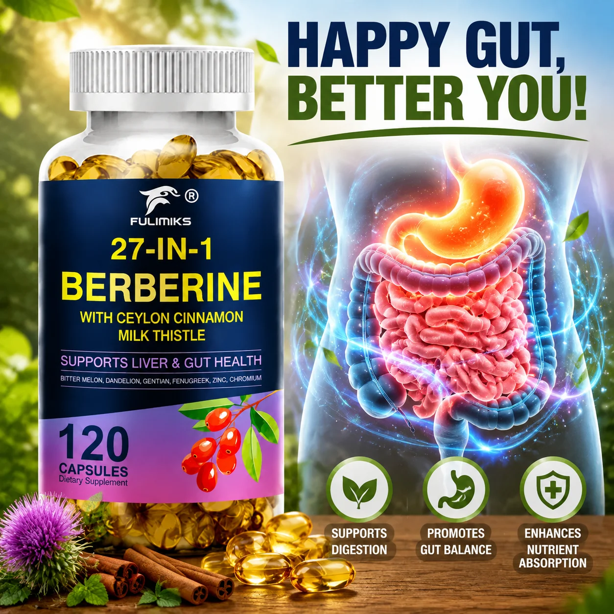 Berberine Supplement, with Ceylon Cinnamon & Milk Thistle, for Liver & Gut Health,  Aid Digestive Health Support Immune System