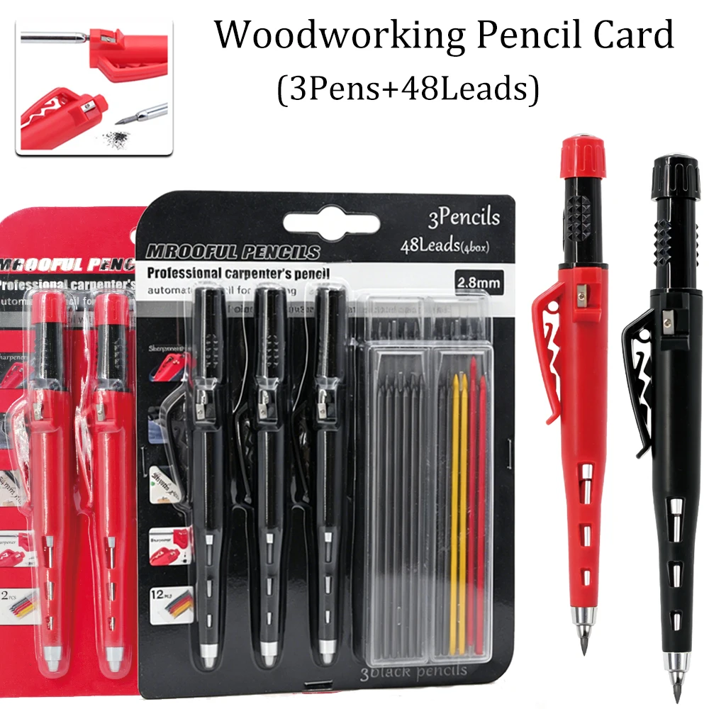 New 55mm Long Head Carpenters Pencil Card Set with 48Leads, 2.8mm Deep Hole Woodworking Marking Pencil Architects Drawing Tool