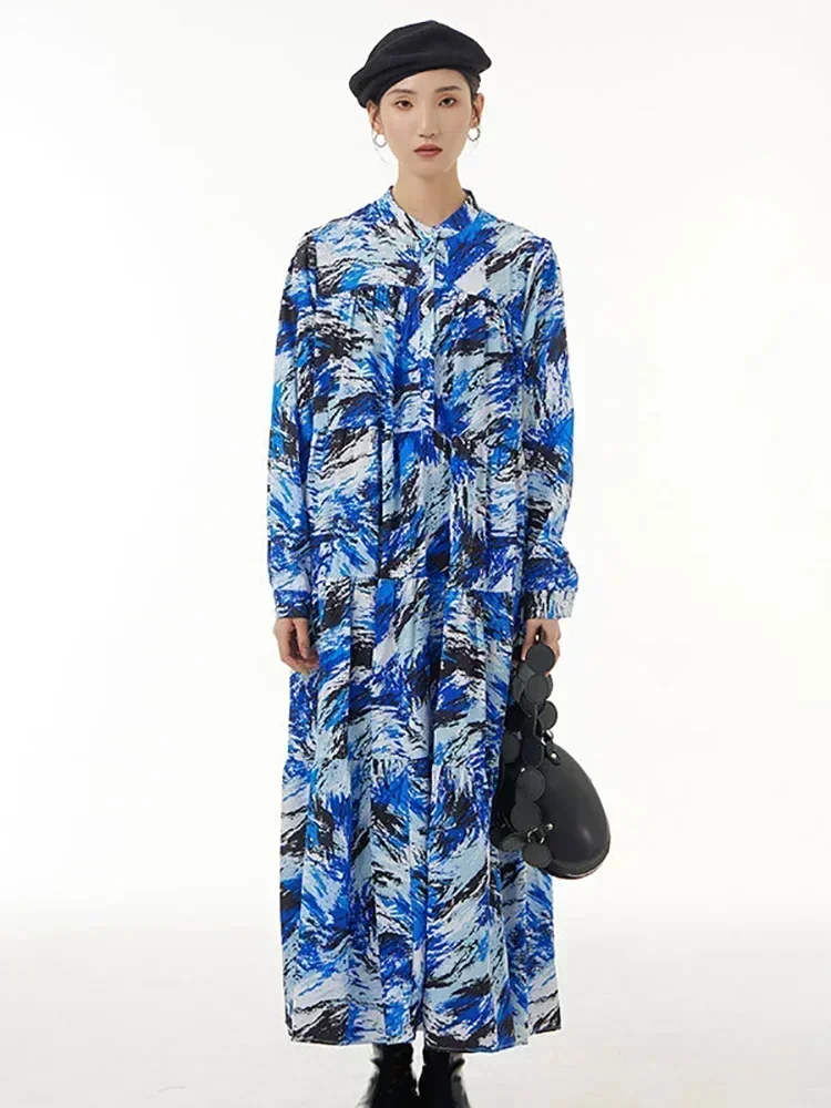 

XITAO Fashion Casual Print Shirt Dress Loose Simplicity Contrast Color Women Long Sleeve Stand Collar Dress Spring New WLD9099