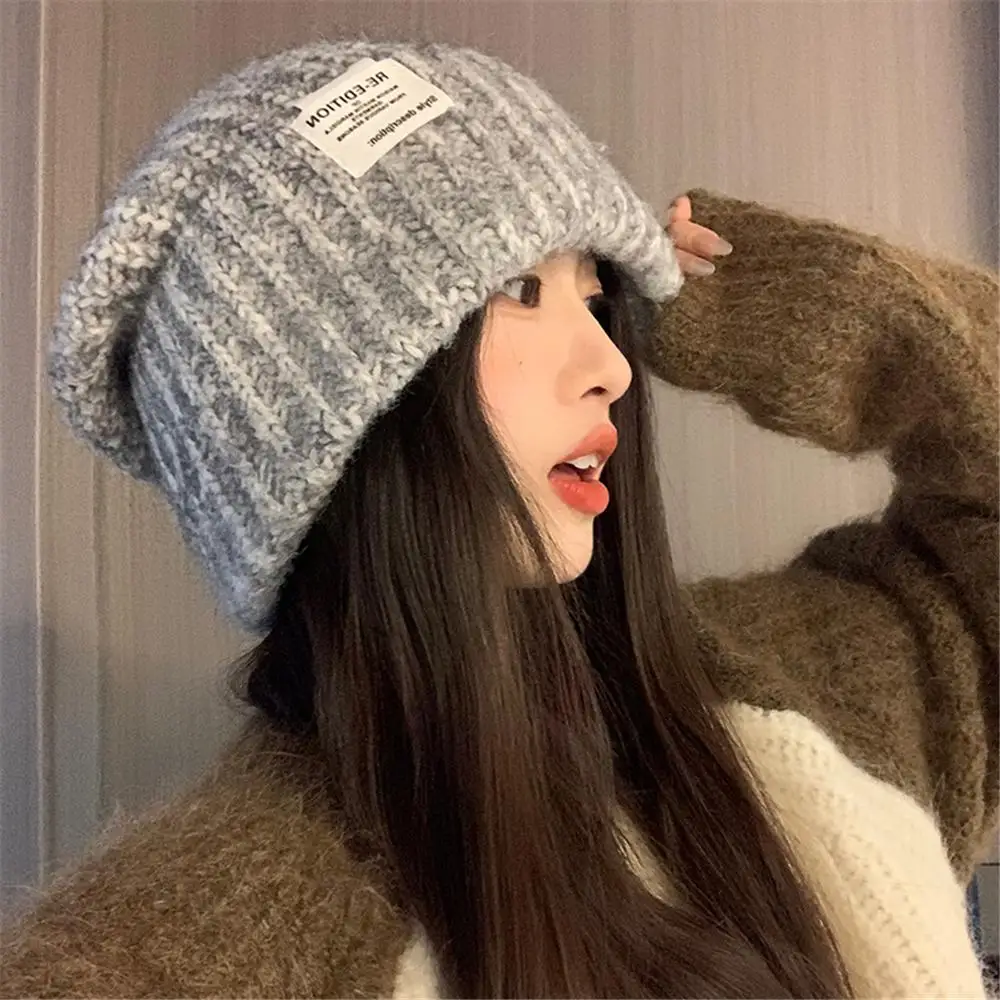 Trendy Winter Beanie Hats Patch Design Japanese Style Knit Beanies Warm Ski Cap
