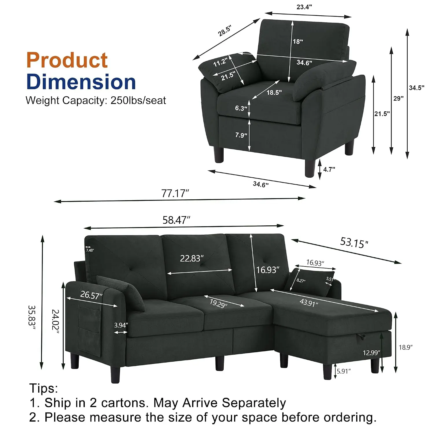 2 PCS Sectional Sofa Set Convertible & Accent Chair Small 3 Seat L Shaped Couch with Storage Ottoman & Side Pockets Modern for L
