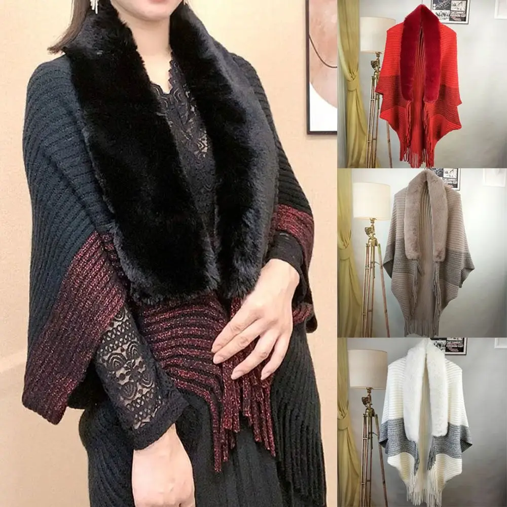 Fashion Cardigan Cape Cloak Faux Fur Collar Plush Wraps Knitting Shawl Winter Warm