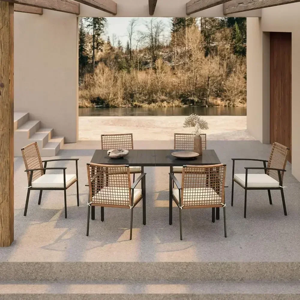 7-Piece Patio Dining Set: 6 Chairs with Cushions & Iron Slat Table with Umbrella Hole, Ideal for Backyard, Garden, Poolside