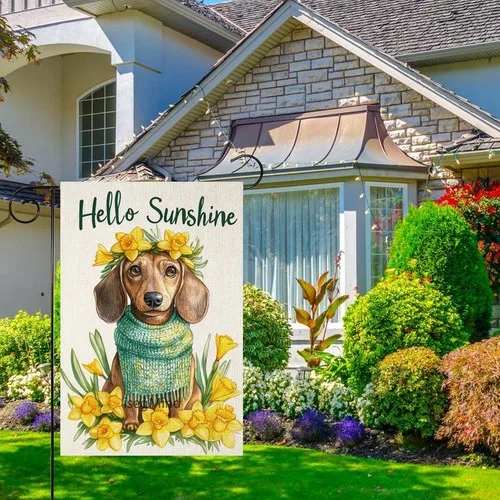 Hello Sunshine Garden Flag Spring Summer Daffodils Dachshund, 12x18 Inch XXQ