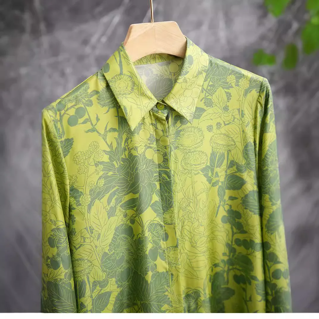 New Long Sleeve Twill Green Print Shirt Tops Women Blouse Fashion