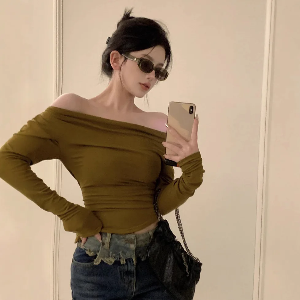 Gray Base Layer Shirt Women's Long Sleeve T-Shirt Autumn Winter Waist-Cut Shoulder Exposure One-Shoulder Top High-End Sense
