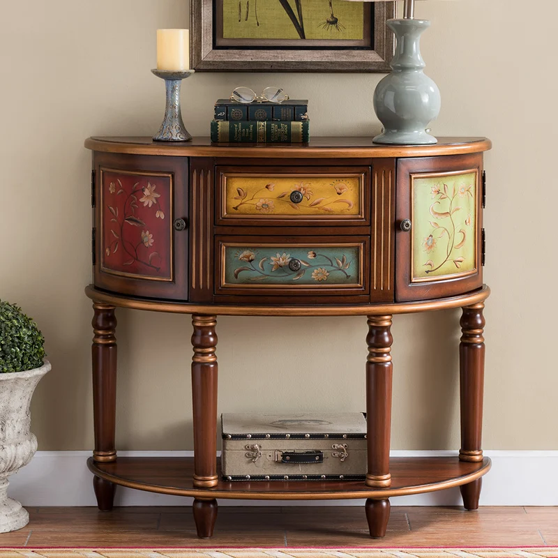 

American aisle cabinet entrance table entrance table European corridor semicircular table solid wood hand-painted carved painted