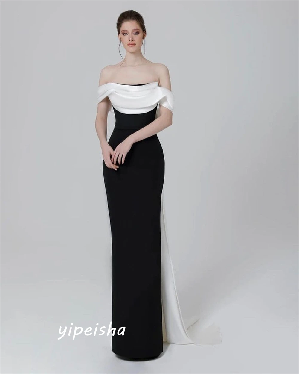 Simple Customized Off-the-shoulder Sheath Formal Ocassion Gown Draped Sweep/Brush Skirts Charmeuse Prom Dress فساتين سهره