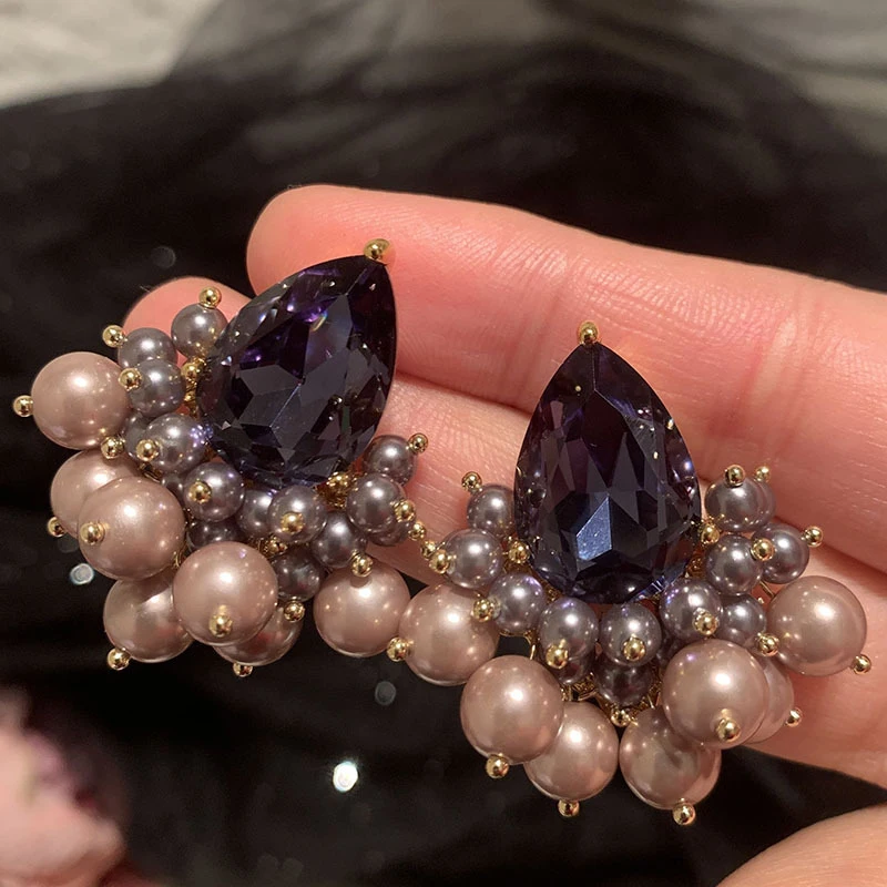 

Elegant Pink Simulated Pearl Purple CZ Chandelier Earrings Gold Tone Romantic luxury Wedding Jewelry