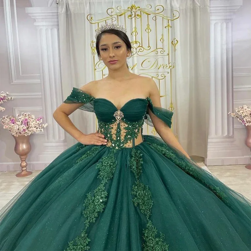 ANGELSBRIDEP Зеленые кристальные мексиканские платья Quinceanera с открытыми плечами, бальное платье для дня рождения, Vestidos de 15 años по индивидуальному заказу