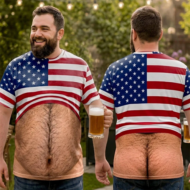 Novelty Funny Fake Abs Chest T Shirt Men 3d Print American Flag Tank Top Illusion Skin Print Short Sleeve Holiday Party Top