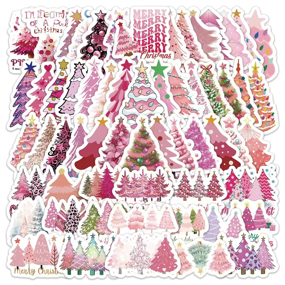 Pink Christmas Tree Stickers Set, 60pcs Mini Stickers Set Waterproof, Gift Box Wall Luggage Stationery Decoration,Children DIY