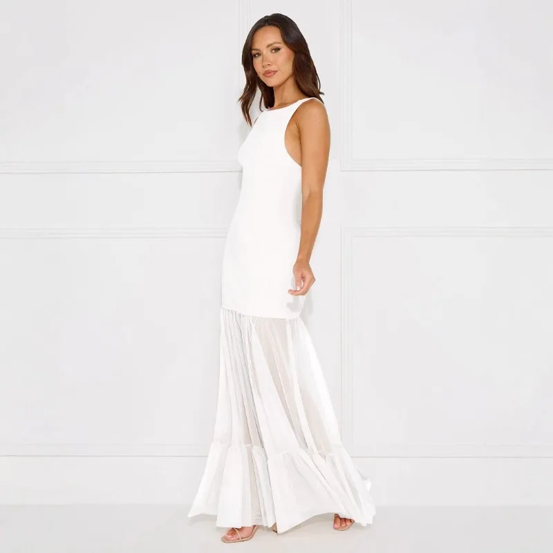 Vestido largo con panel transparente - Vestido de noche elegante sin mangas