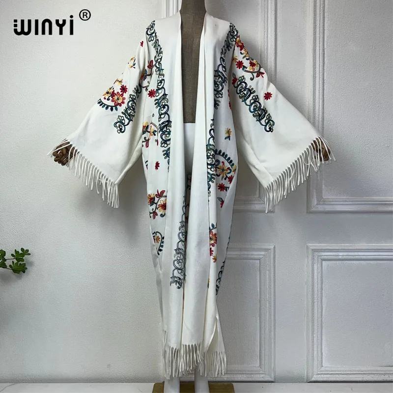 WINYI autumn Winter Women tassel Pashmina Embroidery Long Coat  Lapel OverCoat Thick Warm free size Middle East Female KIMONO