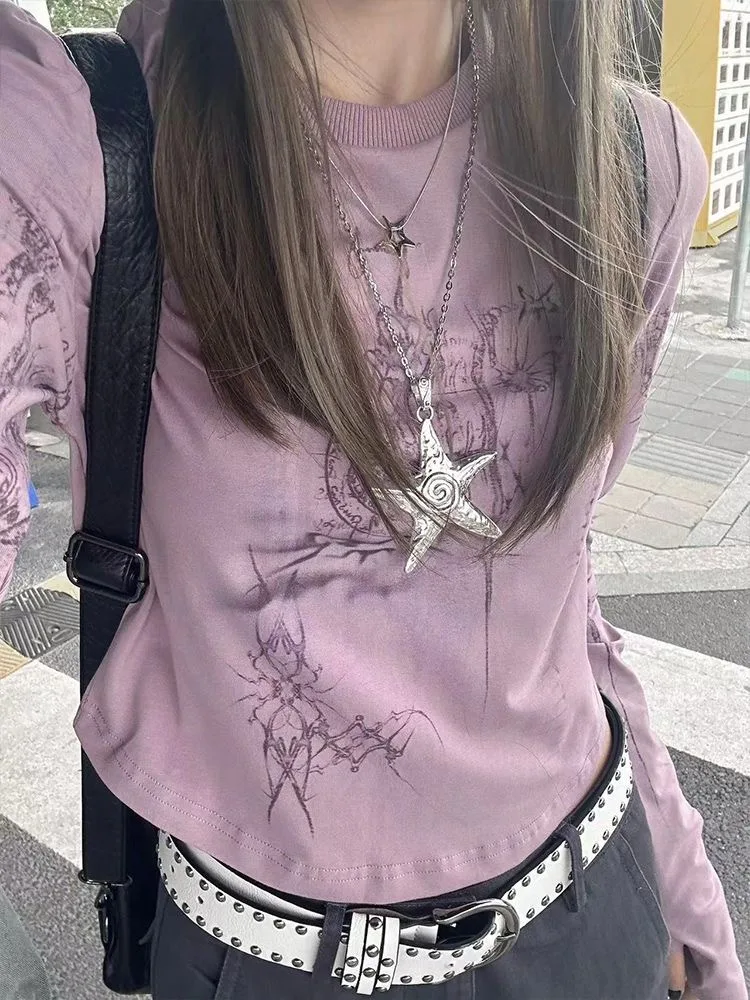 Genayooa Gothic Print T Shirt Women Long Sleeve Y2k Vintage Tops Streetwear 2000s Japanese Crop Tops E Girls Tshirs Autumn