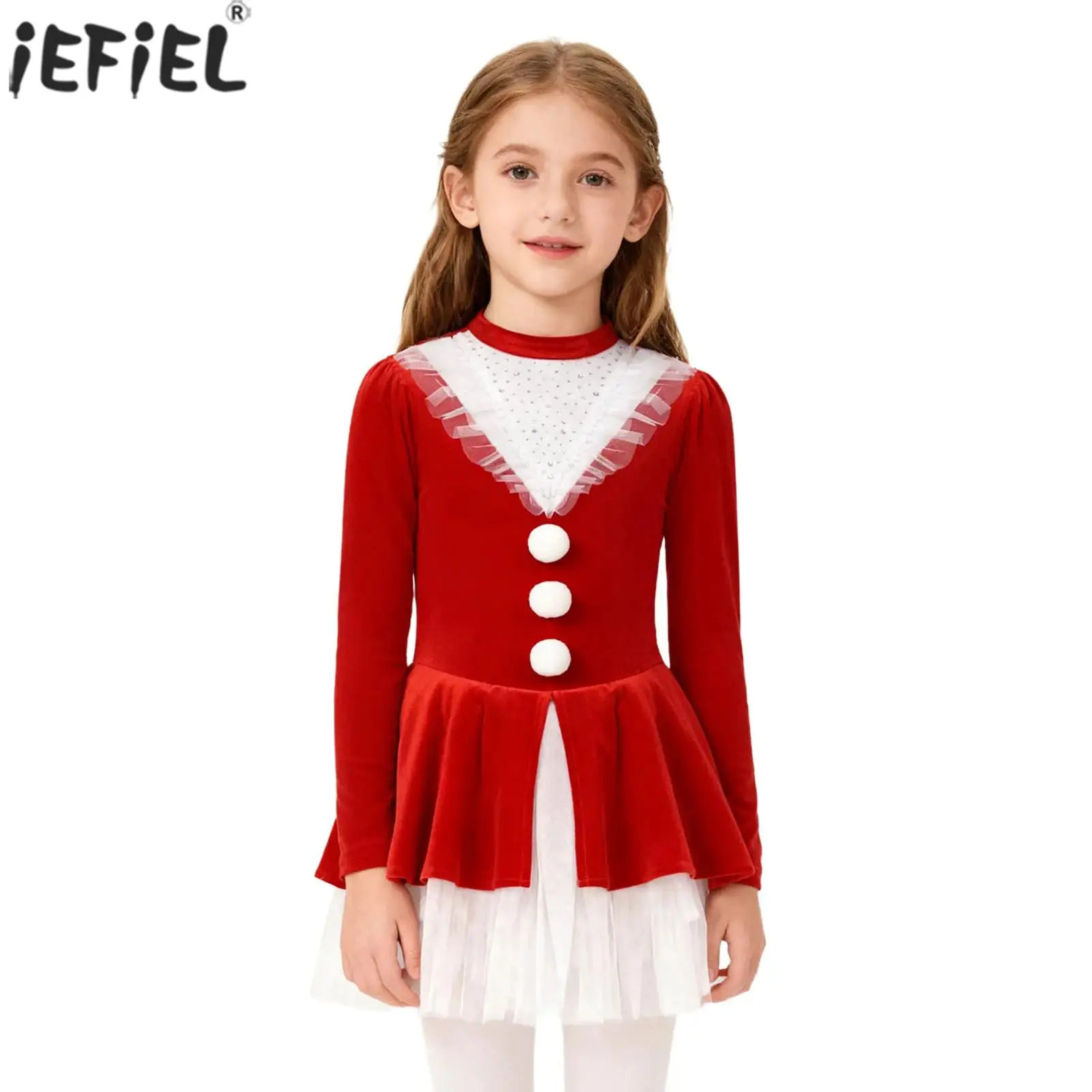 

Kids Girls Christmas Dance Dress Long Sleeve Rhinestones Figure Ice Skating Ballet Tutu Leotard Xmas Party Santa Claus Costume