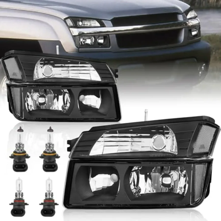 

Headlight Assembly Compatible with 2002-2006 Chevy Avalanche Pickup with Body Cladding Bumper Lights in Black/Clear/Clear featu