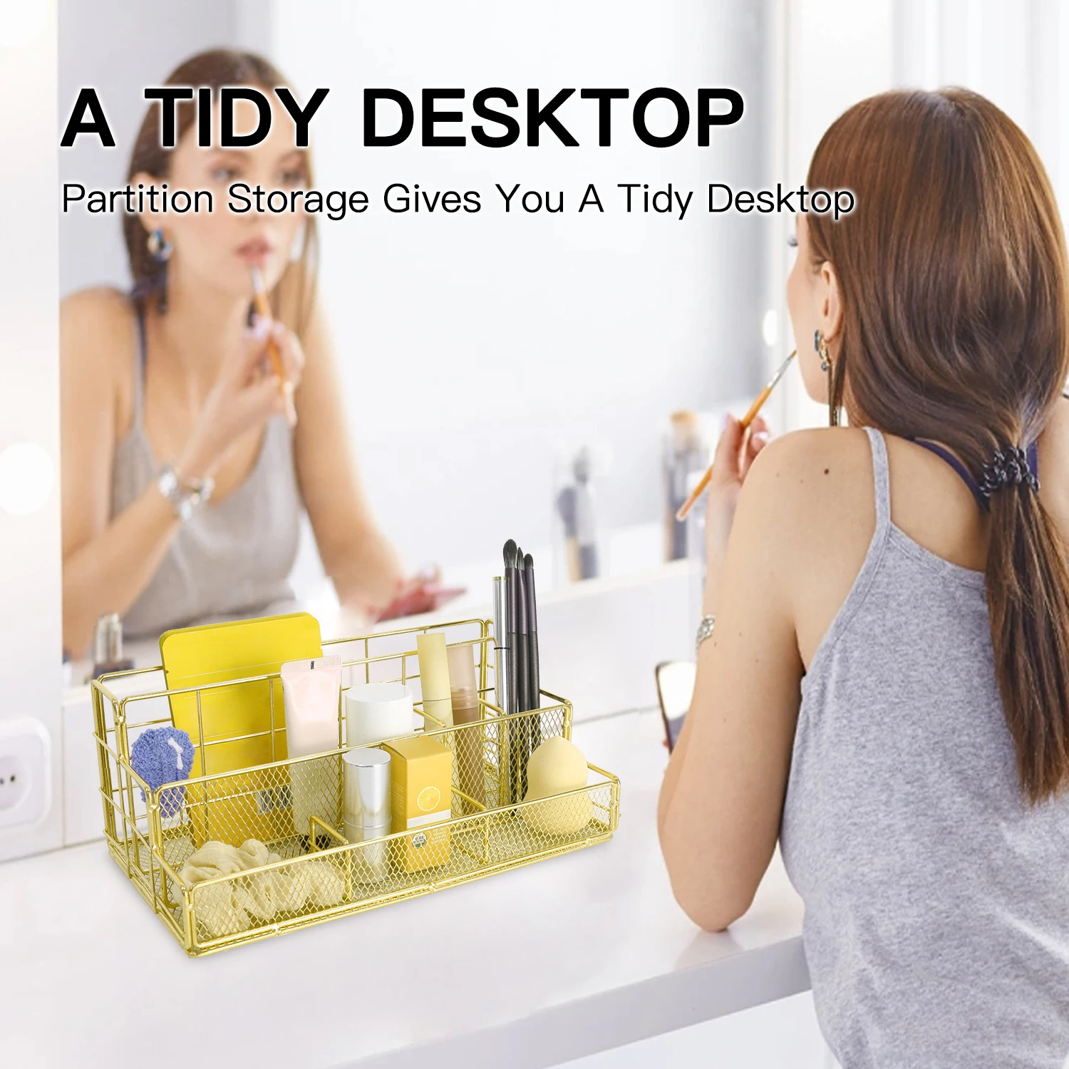 منظم مكتب معدني مع فواصل، رف تخزين قرطاسية المكتب، تصميم جيد التهوية للأقلام والمشابك واللوازم، متين وسهل الاستخدام