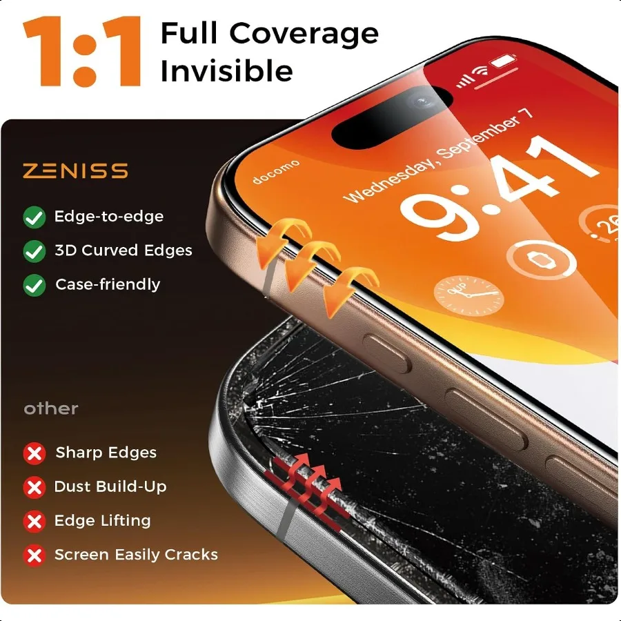 واقي شاشة NeverBreak 9H+ Hardn لهاتف iPhone 16 Pro Max 12FT حماية عسكرية من الدرجة المقاومة للخدش والقطط 16 P