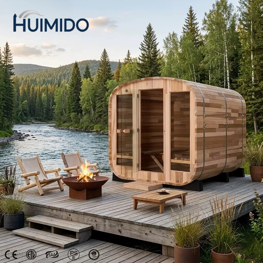 oval barrel style outdoor cedar sauna for 4 people, solid wood sauna with full view glass doors, suitable for backyard health