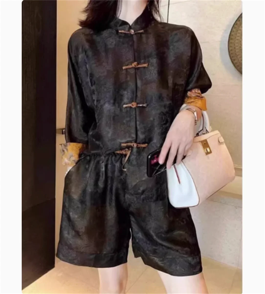 Noble luxury! Imitation silk jacquard retro buckle jacket+shorts imitation fragrant cloud yarn new Chinese style