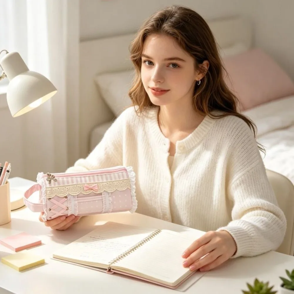 Makeup Bag Large Capacity Lace Pencil Case Ruffle INS Style Pencil Pouch Pink Sweet Stationery Pen Bag Makeup Storage
