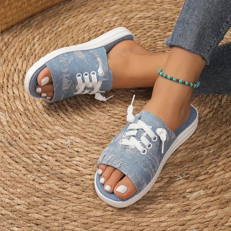 Stylish Washed Denim Mule Shoes Woman Casual Open Toe Sneaker Sandals Ladies Brand Design Summer Sporty Canvas Slide Slippers