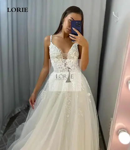 LORIE Spetsbrudklänningar A-linjeformad Spaghettiband Applicerad Spetsbrudklänning Elegant Glänsande Blygsam Brudbrudklänning 2024 10 best sales Recensioner av Alibaba-brudklänningar - №1