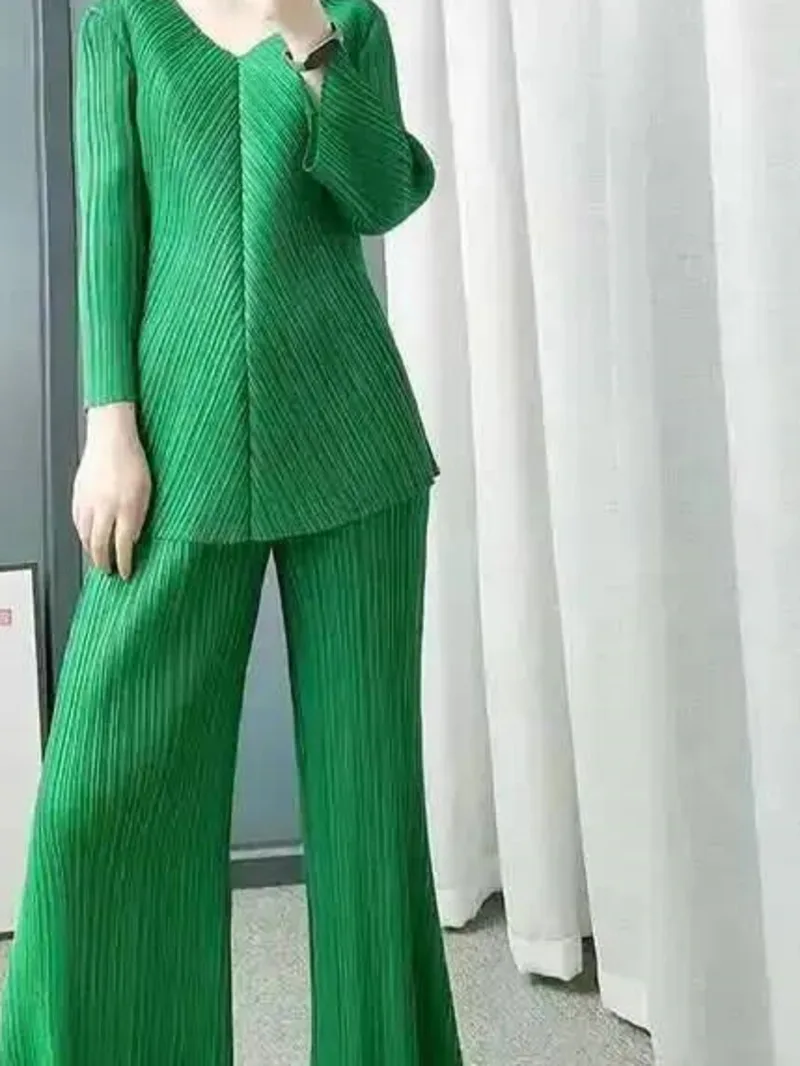Sets Two Pieces for Women V-neck Solid Color Pleated Elastic Waist Casual Pants Suits Female New 2025 Spring EC6H
