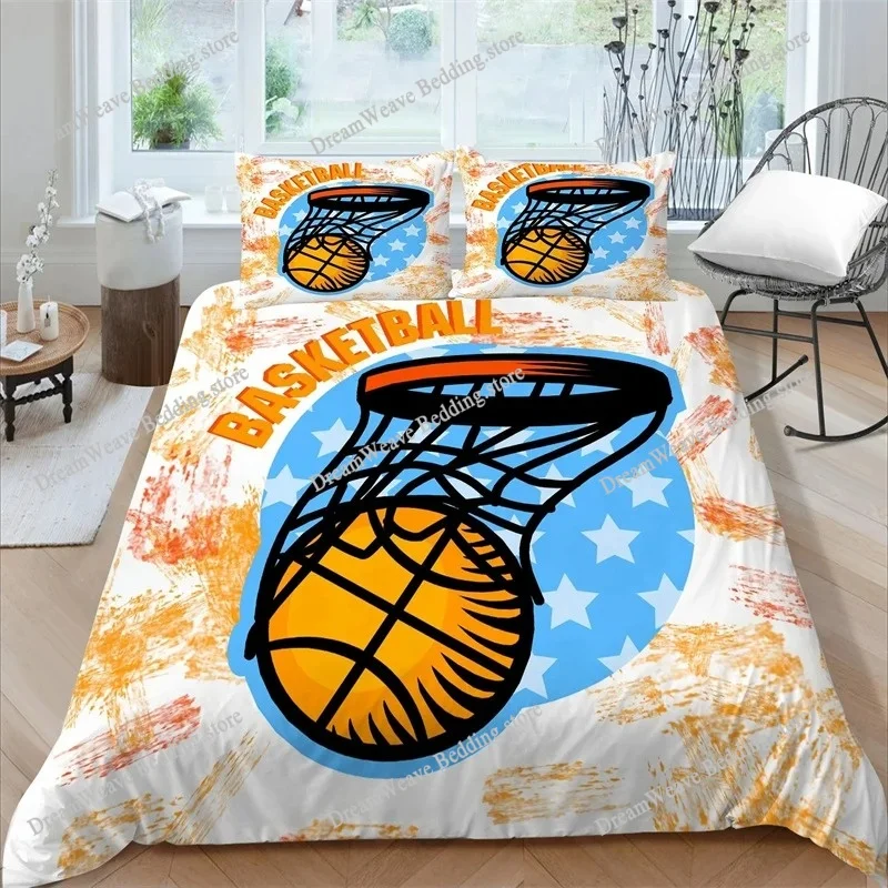

3D Basketball Duvet Cover Set Polyester Hand Catching Fire Basketball Sports Themed Bedding Set Queen Size Soft Quilt Cover