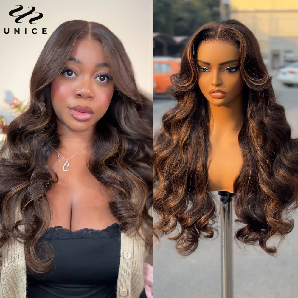 UNICE Hair Espresso Brown Highlights Loose Wave Wig Pre Everything 13x4 Human Hair Lace Frontal Wigs Peel & Stick 150% Density