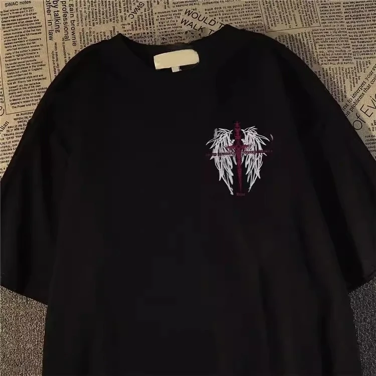 Personalized Street Trend Wing Print 100% Cotton Men Woment T-shirt Summer Autumn Daily Outdoor Sports Casual Loose Short-sleeve