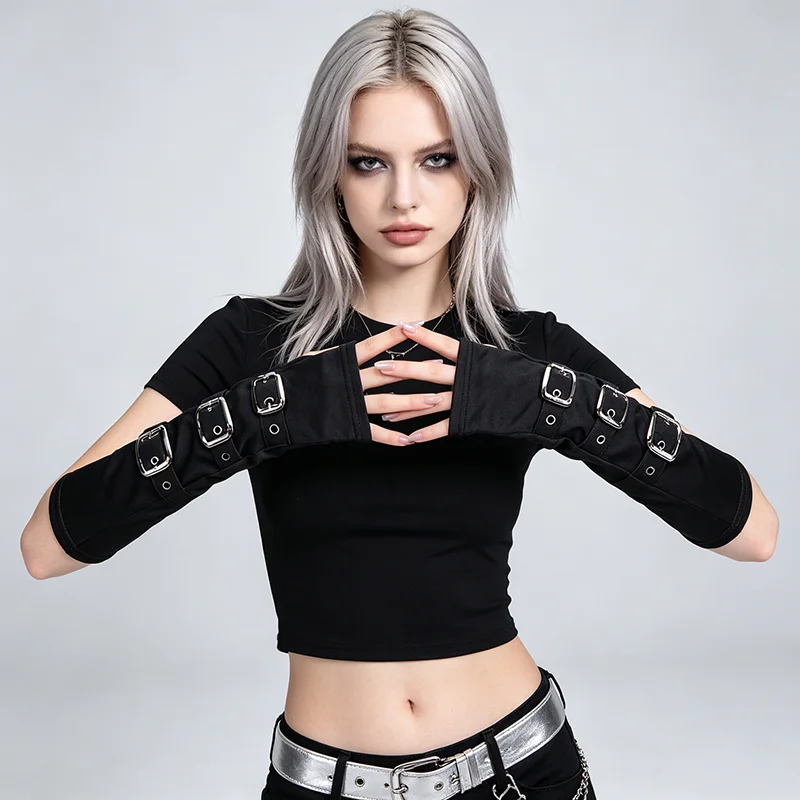 Y2K Girl Harajuku Style Punk Gothic Black Metal Buckle Fingerless Long Gloves Women Party Cosplay Personality Arm Covers